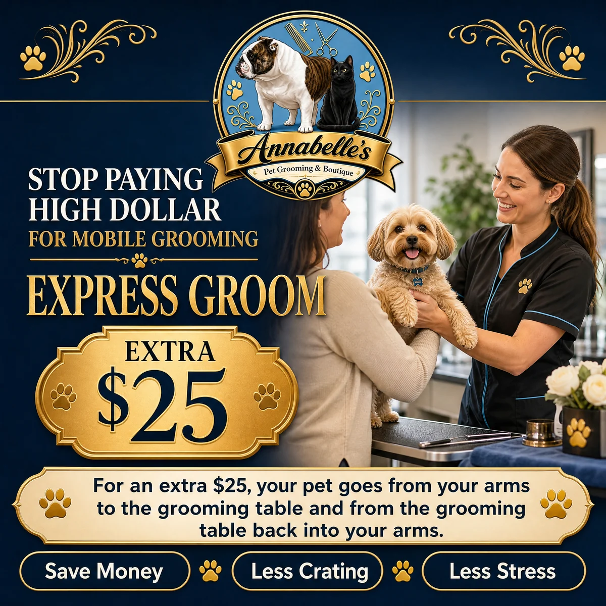 Annabelle’s Express Groom flyer: for an extra $25, your pet goes from your arms to the grooming table and back into your arms. Save money, less crating, less stress.