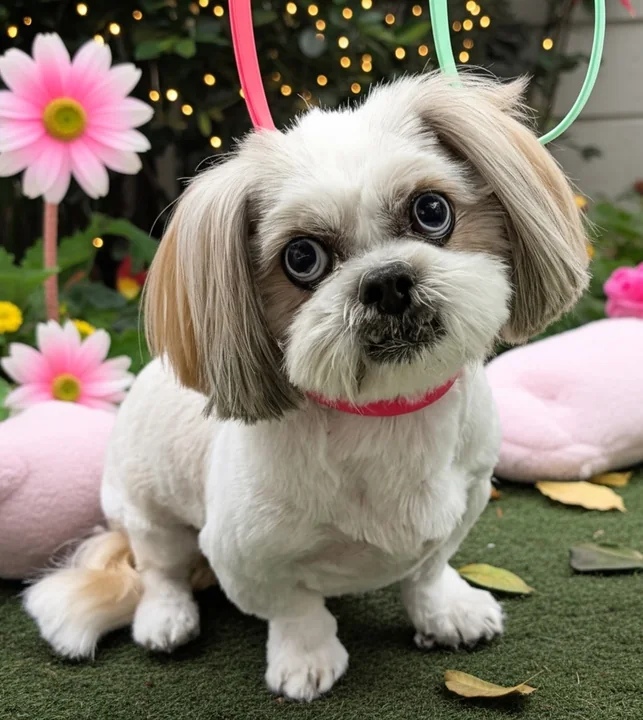 Shih Tzu with a fresh trim posing in a spring flower set