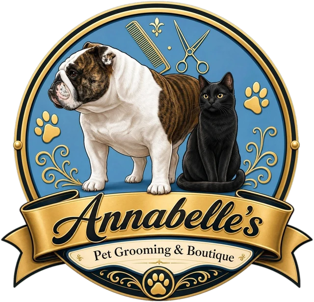 Annabelle's Pet Grooming and Boutique logo with a bulldog and a black cat